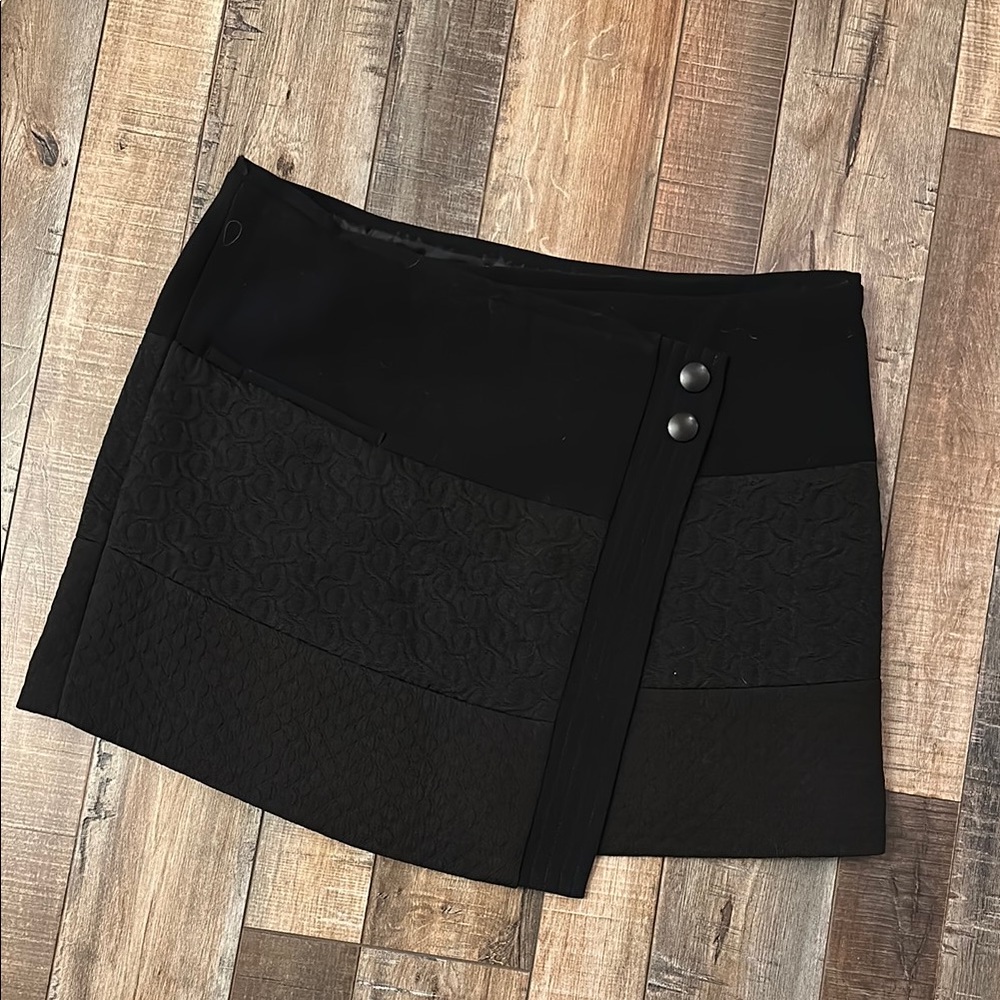 CAbi Stretch Textured Asymmetrical Hem Button Wrap Mini Skirt Black sz M